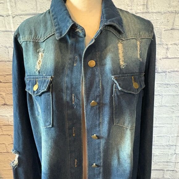 Amazon Women's Dark Blue Distressed Jean Jacket - Picture 2 of 5